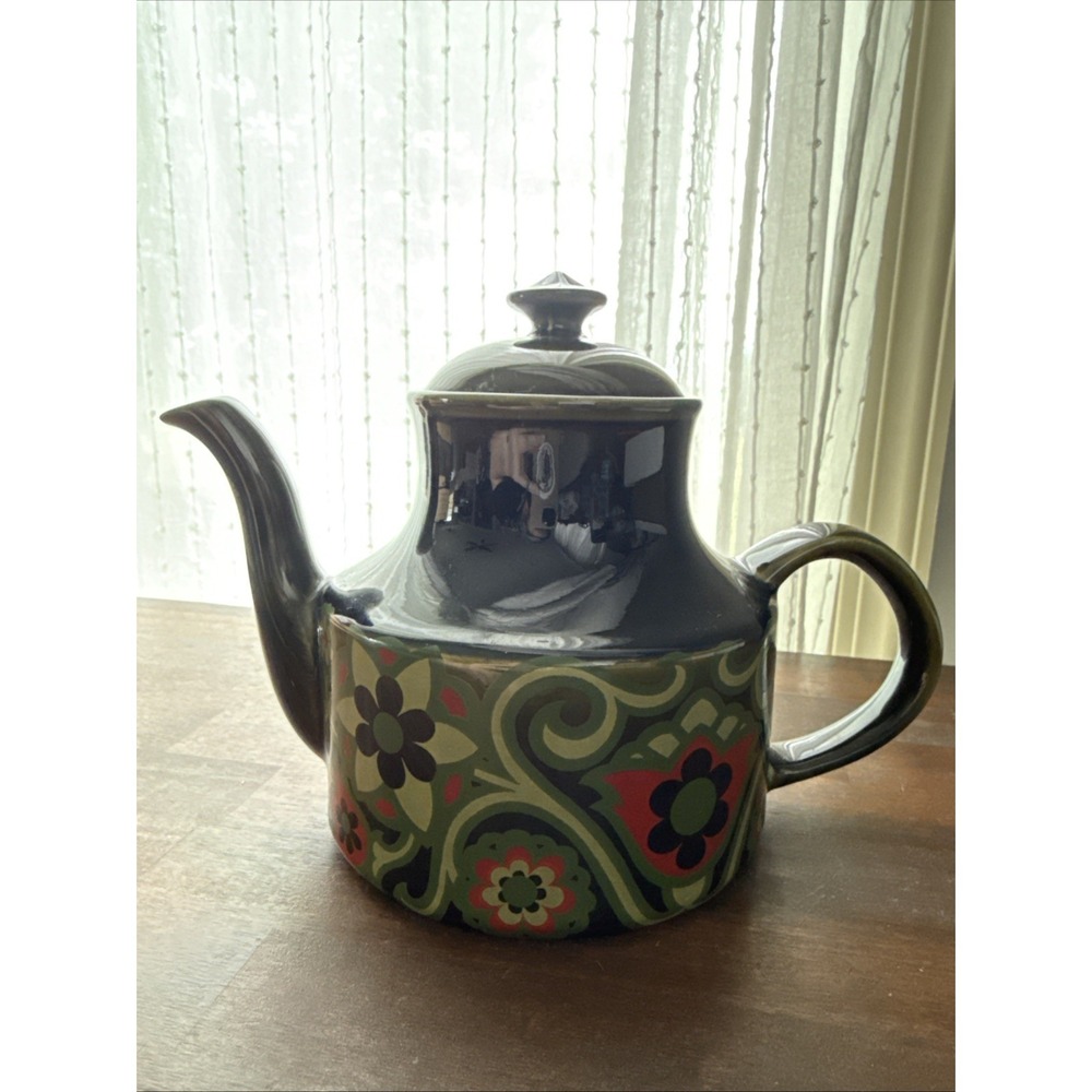 Vintage Arthur Wood Stratford England Stoneware Dark Green Teapot Retro Flowers